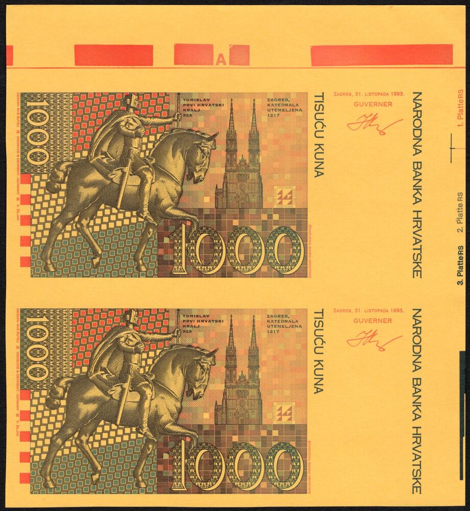 Croatia - 2 x 1000 Kuna 1993 - Pick # 35p - Uncut Proofs - AU