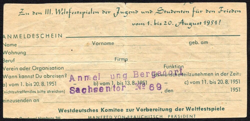 Germany - 20 Mark Weltfestspielen Advertisement Note 1951 - aVF