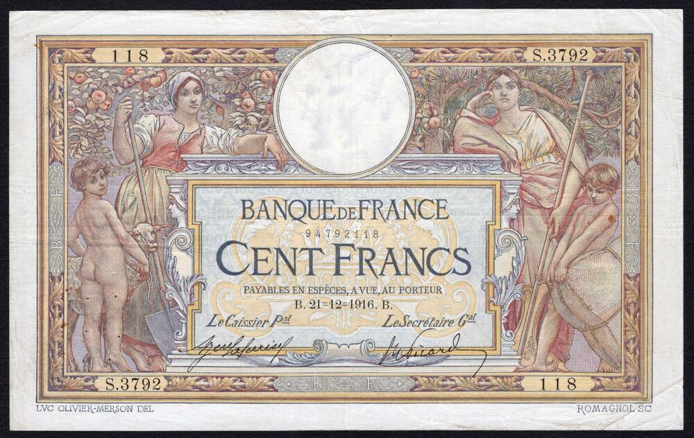 France - 100 Francs 1916 - Pick # 71a - F/VF