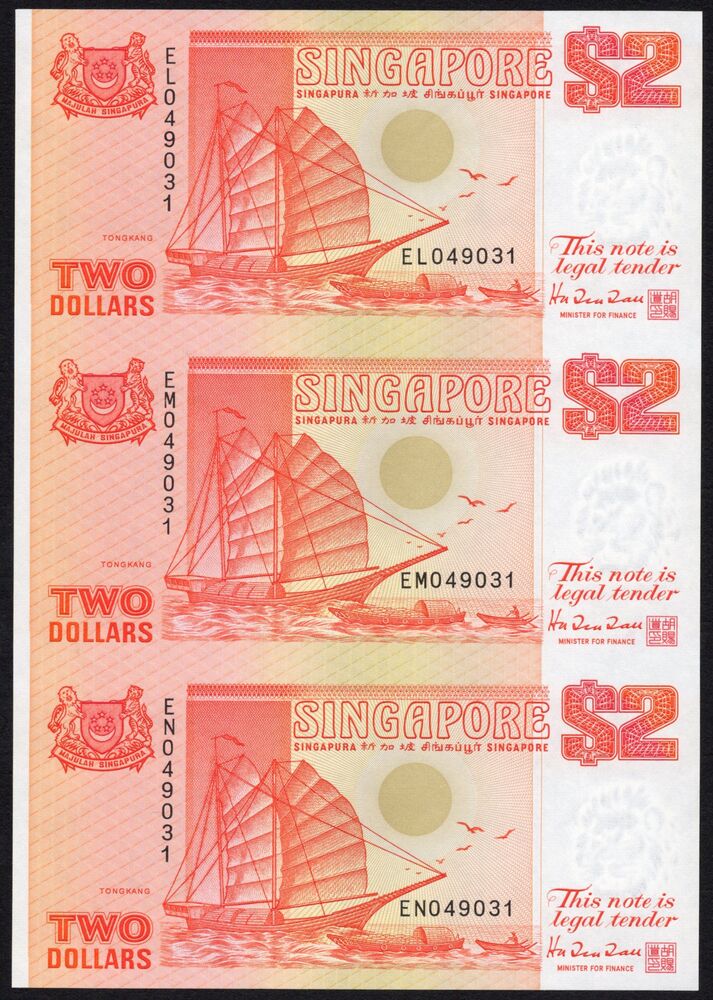 Singapore - 2 Dollars 1990 - Pick # 27 - Uncut sheet of 3 - UNC