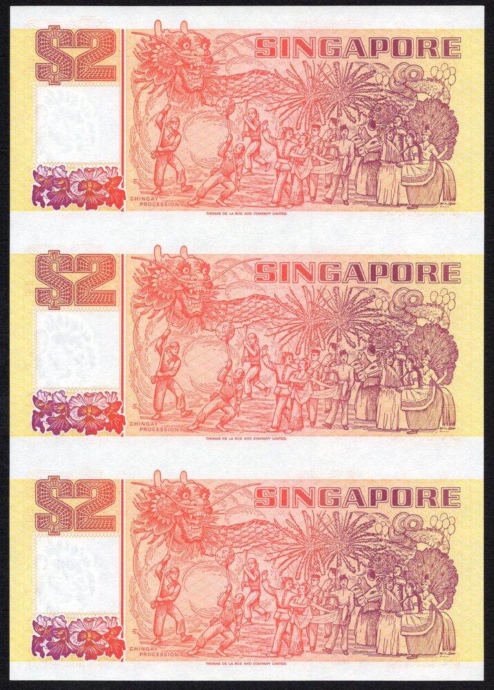 Singapore - 2 Dollars 1990 - Pick # 27 - Uncut sheet of 3 - UNC