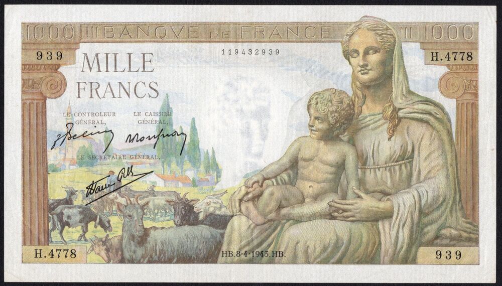 France - 1000 Francs 1943 - Pick # 102 - VF (ph)