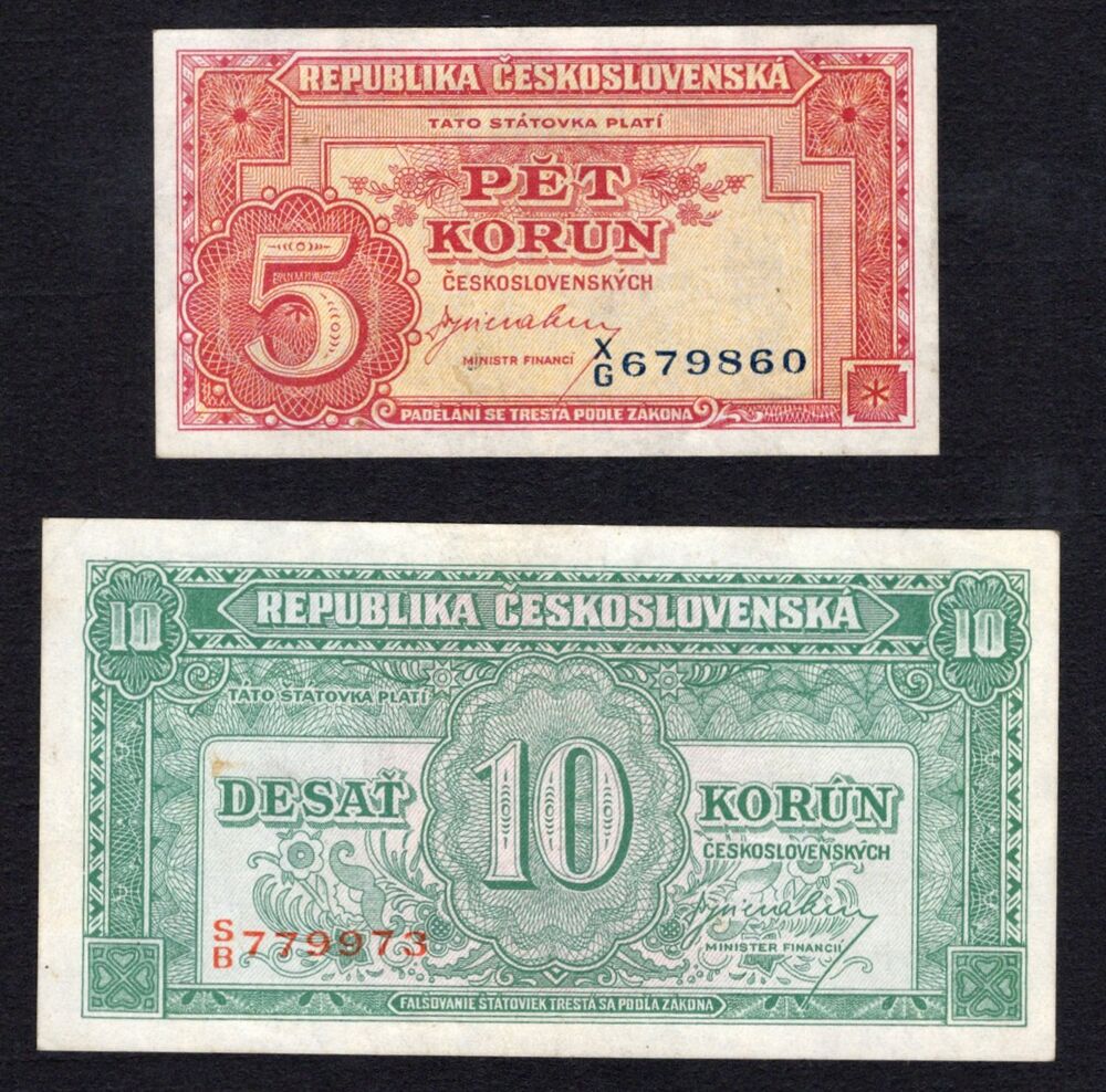Czechoslovakia - 5 & 10 Korun 1945 - Pick # 59 and 60 - VF