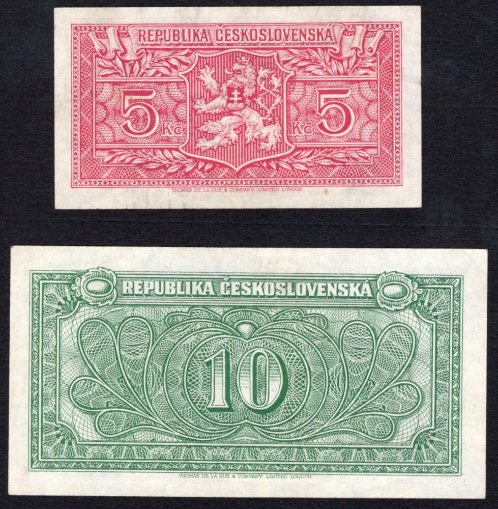 Czechoslovakia - 5 & 10 Korun 1945 - Pick # 59 and 60 - VF