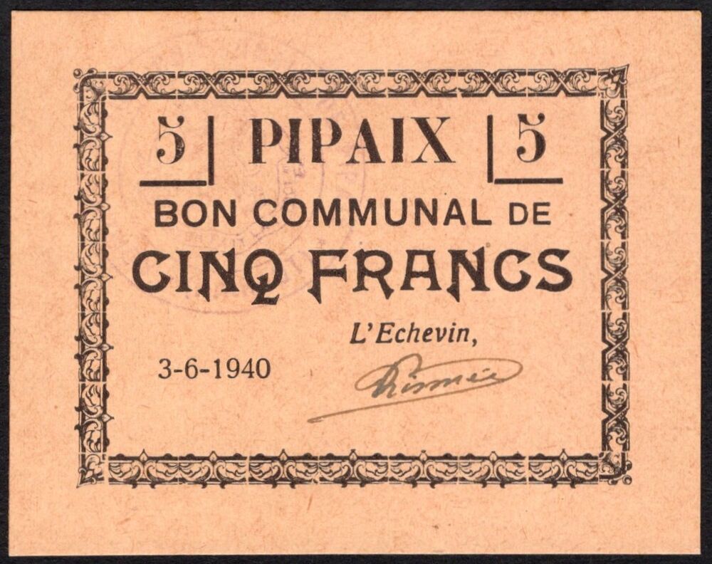 Belgium - Pipaix, 5 Francs 1940 - UNC