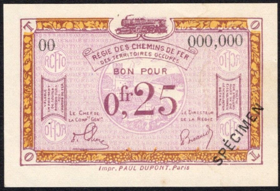 France/Belgium, Railroads - 0.25 Francs 1923 - Pick # R3 - Specimen - AU/UNC