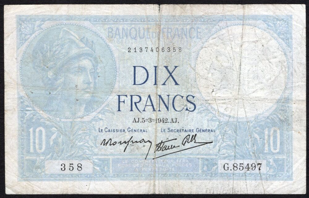 France - 10 Francs 5.3.1942 - Pick # 84 - Rare Date - VG/Fine