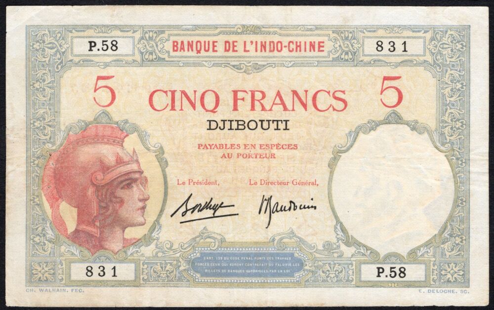 Djibouti - 5 Francs 1928/1938 - Pick # 6b - Fine
