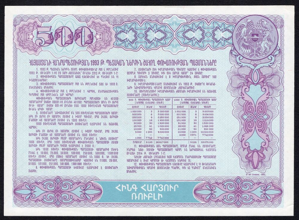 Armenia - 500 Roubli 1993 - Pick # 32A - UNC