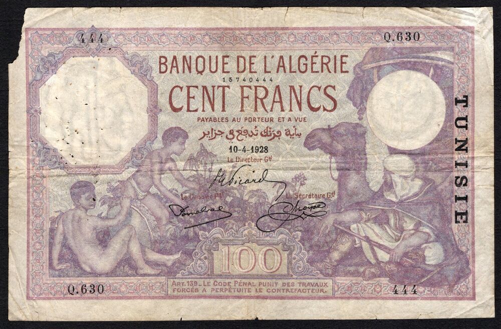 Tunisia - 100 Francs 1928 - Pick # 10a - VG