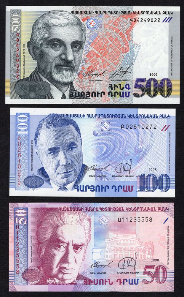 Armenia - 50, 100 & 500 Dram 1998/99 - Pick # 41, 42, 44 - UNC