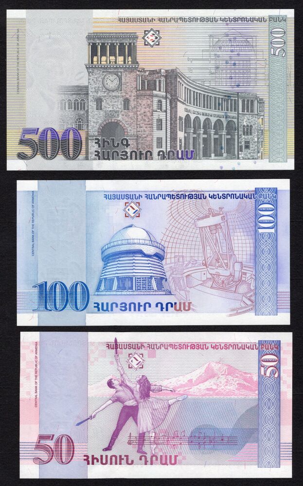Armenia - 50, 100 & 500 Dram 1998/99 - Pick # 41, 42, 44 - UNC