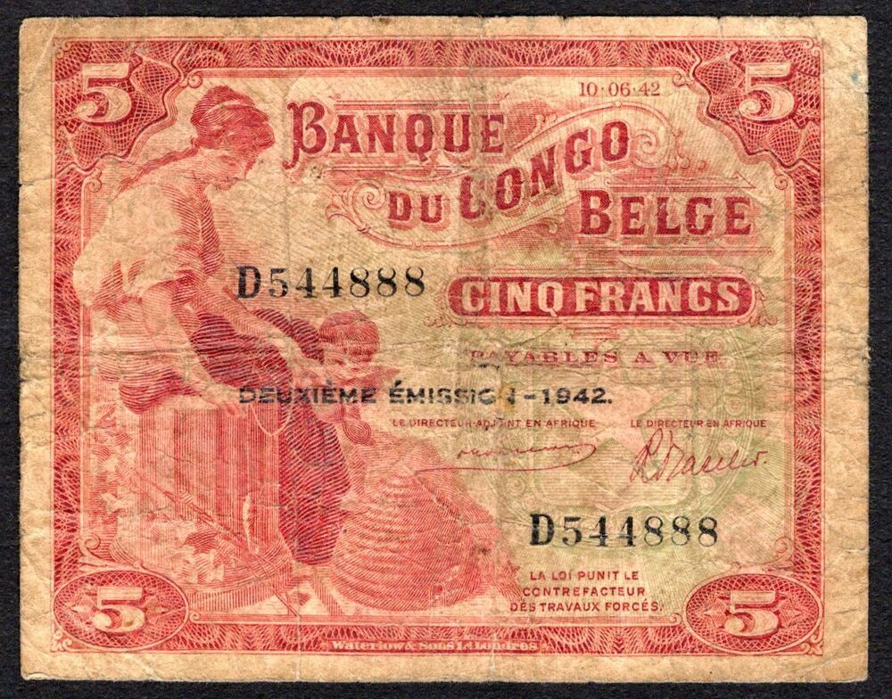 Belgian Congo - 5 Francs 1942 - Pick # 13 - VG