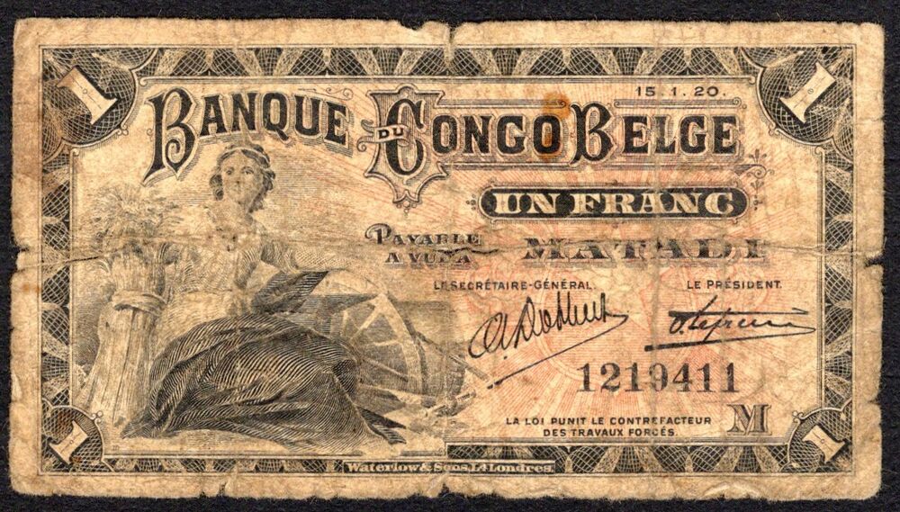 Belgian Congo - 1 Franc 1920, Matadi - Pick # 3B - Poor