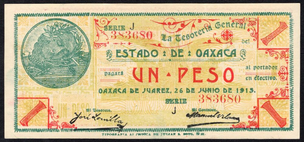 Mexico - 1 Peso 1915, Estado de Oaxaca - Pick # S953 - XF