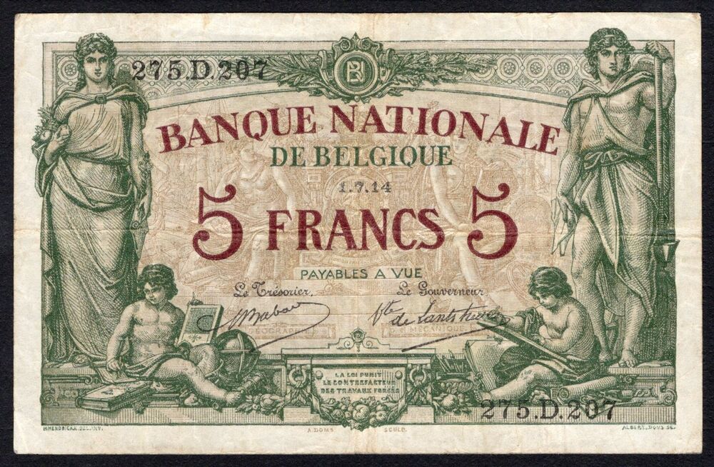 Belgium - 5 Francs 1914 - Pick # 75a - F/VF