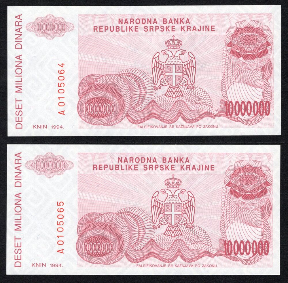 Croatia - 2 x 10.000.000 Dinara 1994 - Pick # R34 - Consecutive - UNC