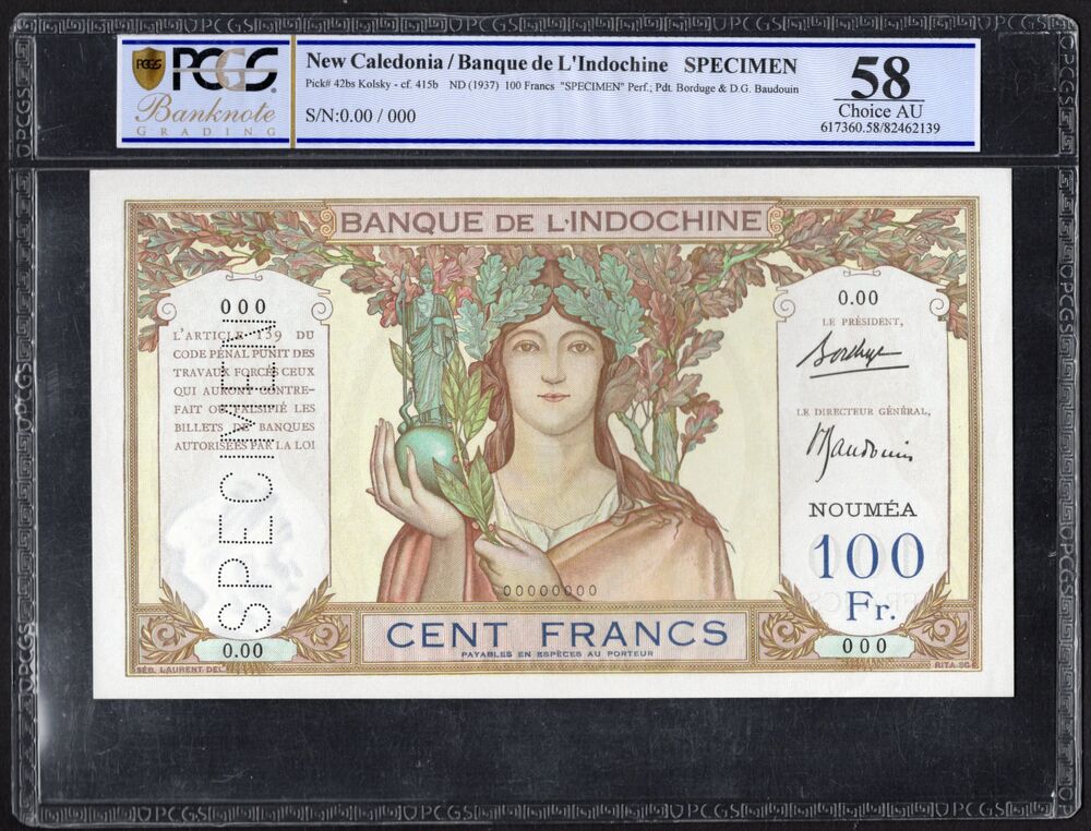 New Caledonia - 100 Francs 1937/67 - Pick # 42bs - Specimen - PCGS 58