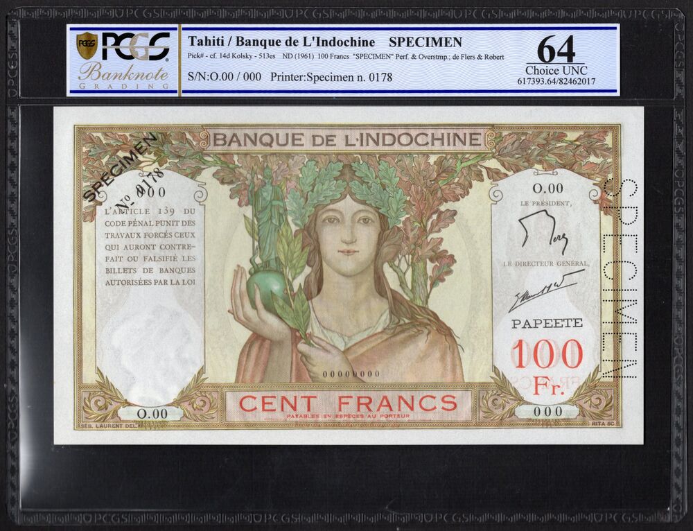 Tahiti - 100 Francs 1939/65 - Pick # 14ds - Specimen - PCGS 64