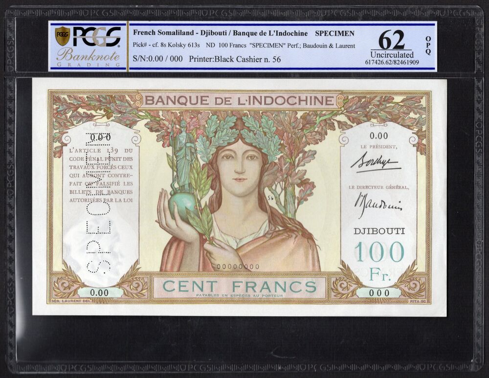 French Somaliland - 100 Francs 1928/38 - Pick # 8s - Specimen - PCGS 62 OPQ