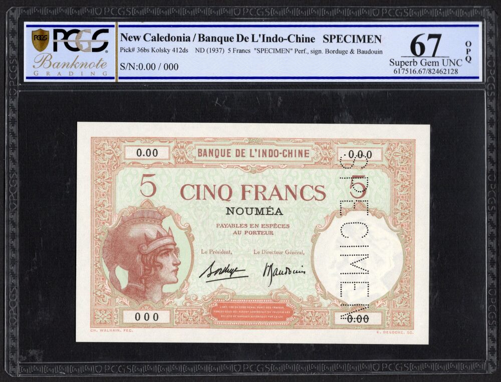 New Caledonia - 5 Francs 1926/37 - Pick # 36bs - Specimen - PCGS 67 OPQ
