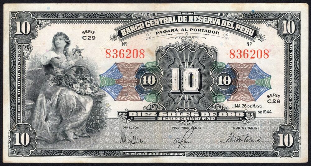 Peru - 10 Soles de Oro 1944 - Pick # 67A - F/VF