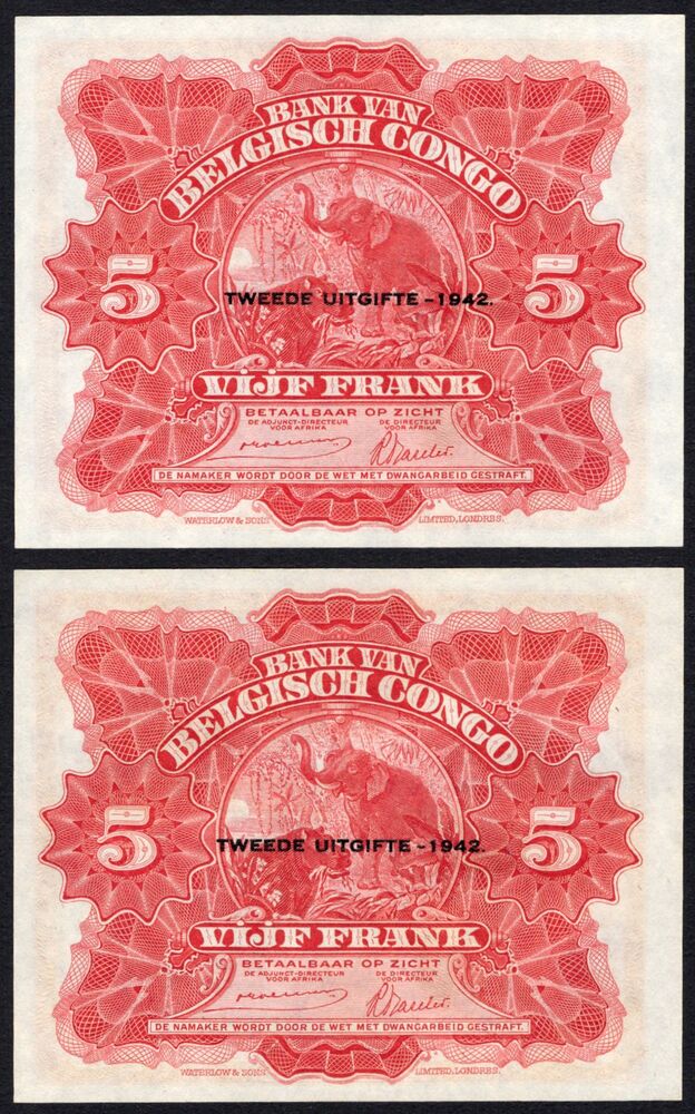Belgian Congo - 2 x 5 Francs 1942 - Pick # 13 - Consecutive - UNC