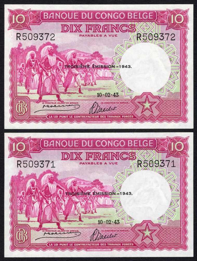Belgian Congo - 2 x 10 Francs 1943 - Pick # 14C - Consecutive - UNC