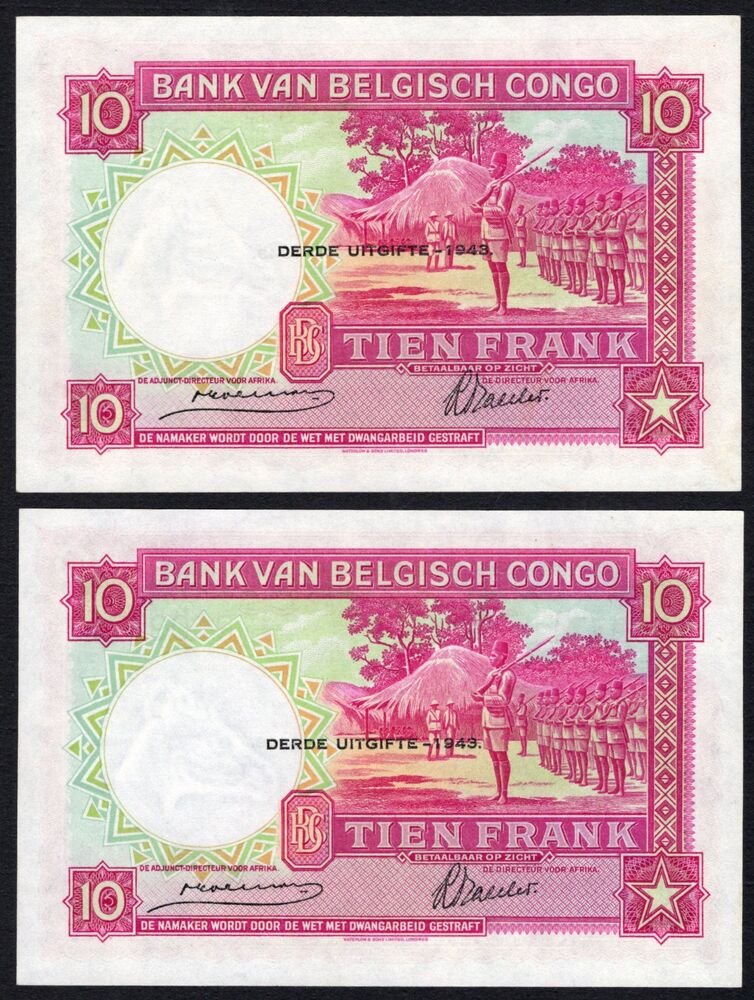 Belgian Congo - 2 x 10 Francs 1943 - Pick # 14C - Consecutive - UNC