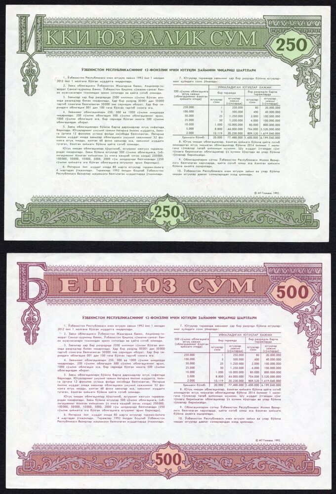 Uzbekistan - 250 & 500 Sum 1992 - Pick # NL - AU/UNC