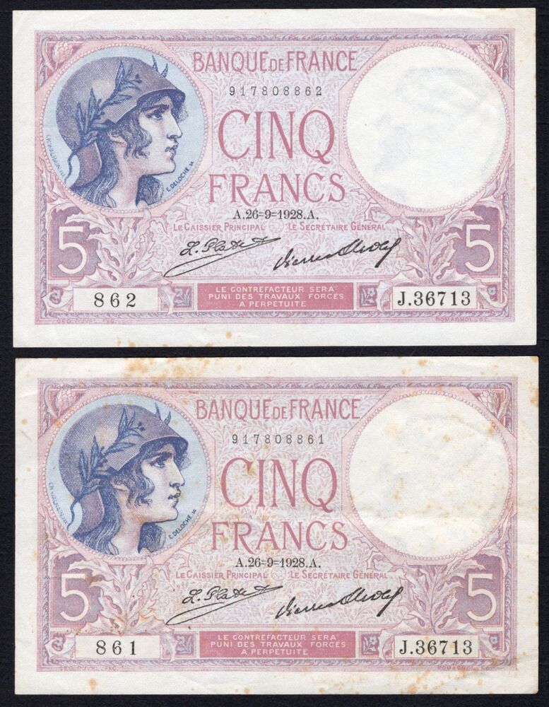 France - 2 x 5 Francs 1928 - Pick # 72d - Consecutive - Stained XF