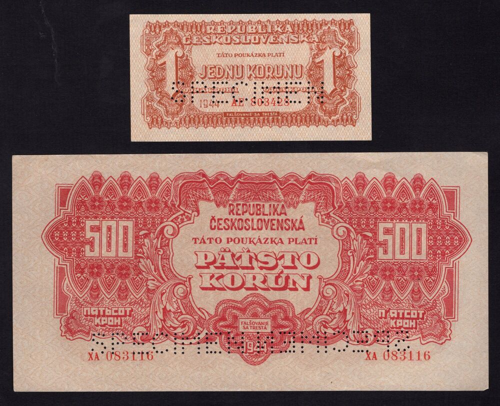 Czechoslovakia - 1 & 500 Korun 1944 - Pick # 45, 49 - Specimen - AU & XF