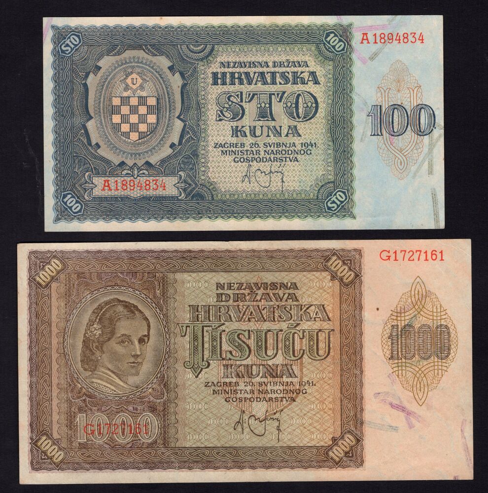 Croatia - 100 & 1000 Kuna 1941 - Pick # 2, 4 - XF