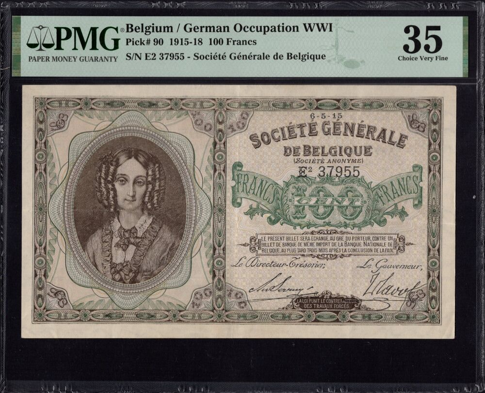 Belgium - 100 Francs 1915 - Pick # 90 - PMG 35