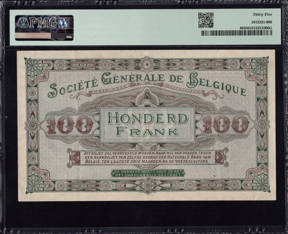 Belgium - 100 Francs 1915 - Pick # 90 - PMG 35