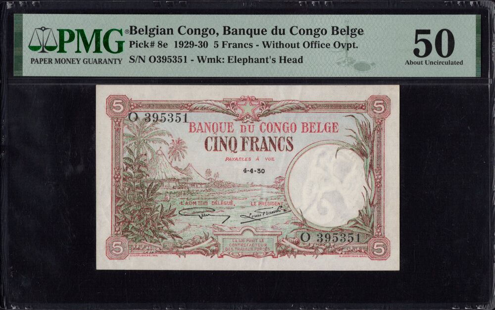 Belgian Congo - 5 Francs 1929 - Pick # 8e - PMG 50