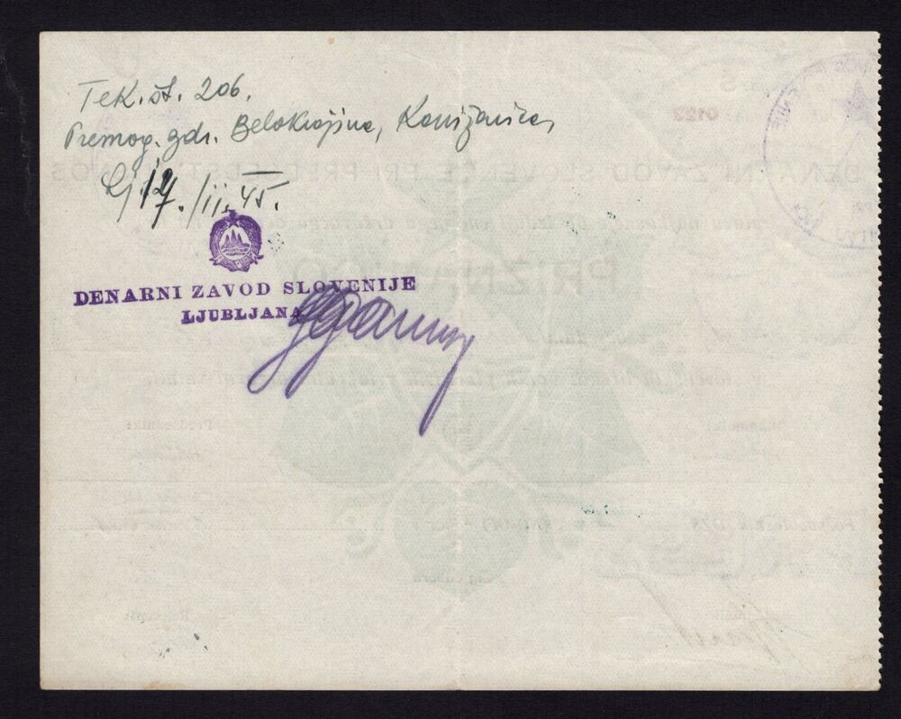 Slovenia - Partisan Certificate, 41.700 Lir 1945 - Pick # S118 - XF
