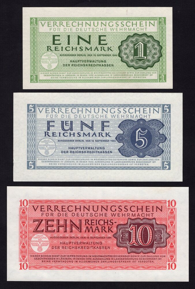 Germany - 1, 5 & 10 Reichsmark - Pick # M38, 39 & 40 - AU/UNC