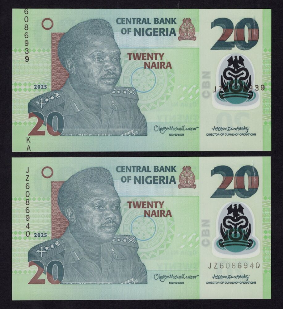 Nigeria - 20 Naira 2025 - Pick # 34 - Error, Shifted serial - UNC