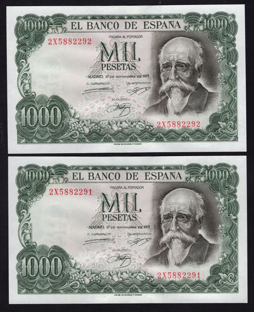 Spain - 2 x 1000 Pesetas 1971 - Pick # 154 - Consecutive - XF+
