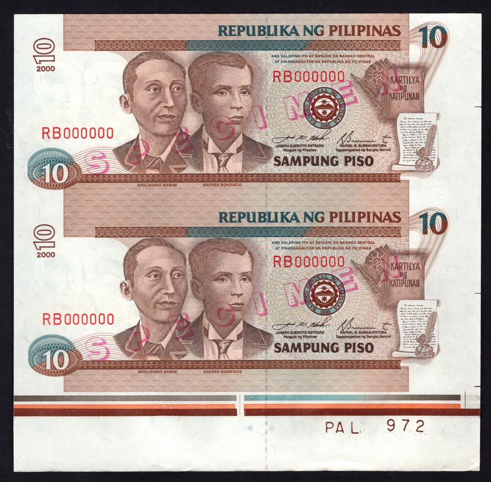 Philippines - 2 x 10 Piso 2000 - Pick # 187s - Specimen - AU