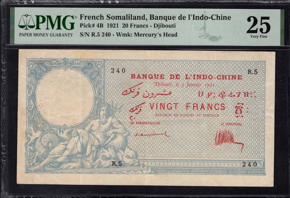 French Somaliland - 20 Francs 1921 - Pick # 4B - PMG 25