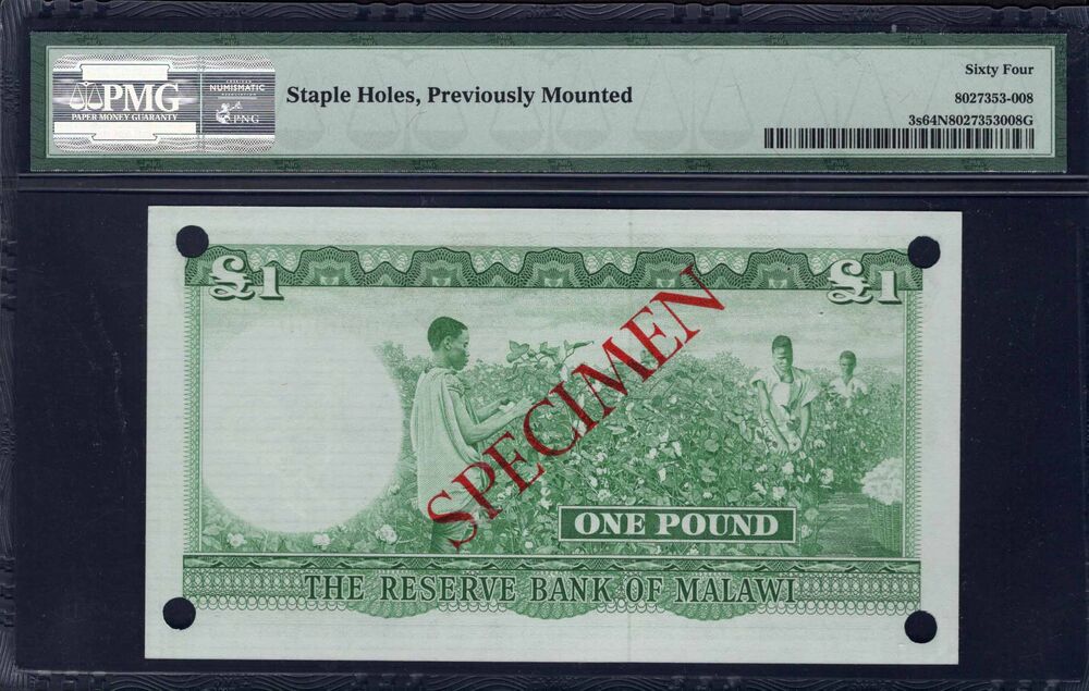 Malawi - 1 Pound 1964 - Pick # 3s - PMG 64 NET