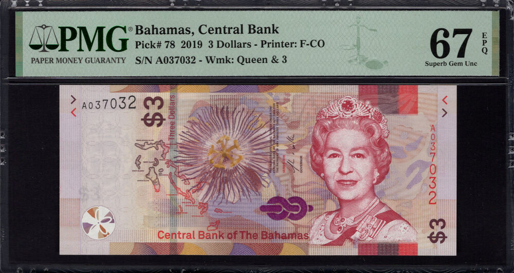 Bahamas - 3 Dollars 2019 - Pick # 78 - PMG 67 EPQ