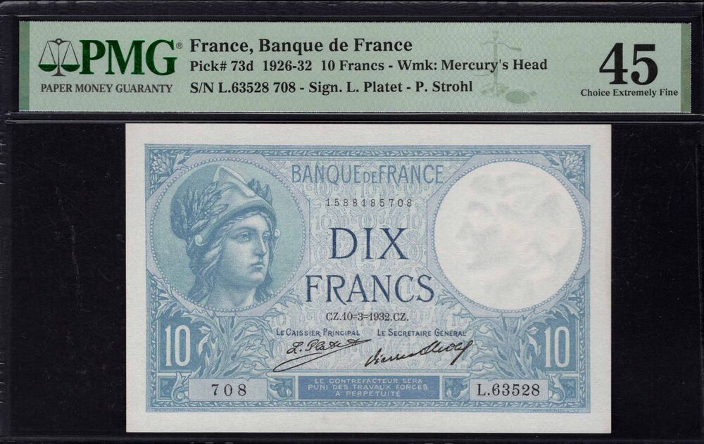 France - 10 Francs 1926 - Pick # 73d - PMG 45 