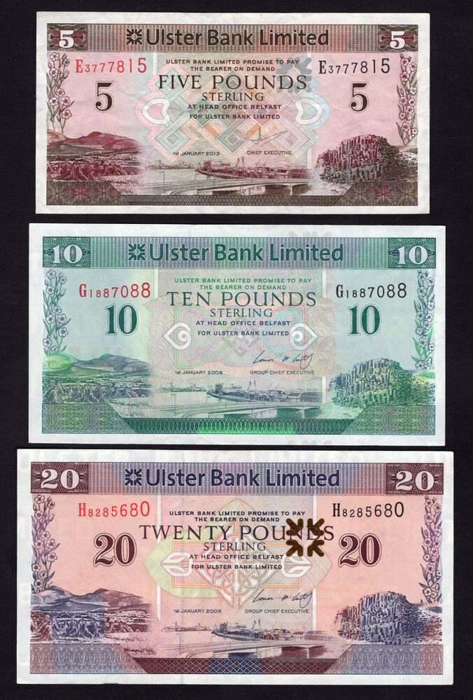 Ireland, Northern - 5, 10 & 20 Pounds 2008/13 - Pick # 340b, 341a, 342a - VF