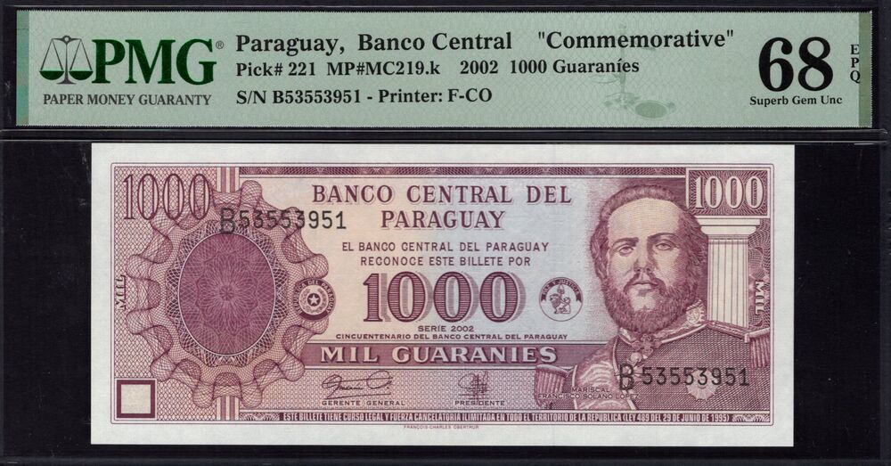 Paraguay - 1000 Guaraníes 2002 - Pick # 221 - PMG 68 EPQ