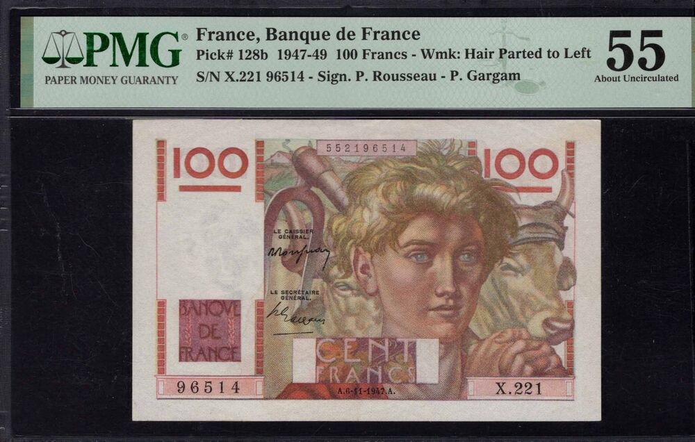 France - 100 Francs 1947 - Pick # 128b - PMG 55 About Uncirculated