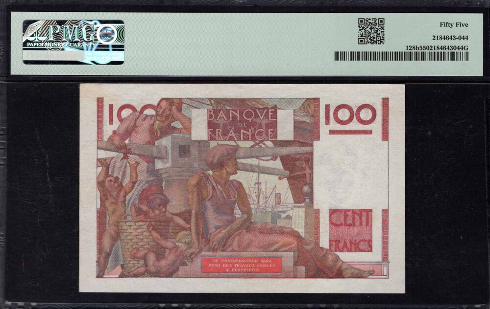 France - 100 Francs 1947 - Pick # 128b - PMG 55 About Uncirculated