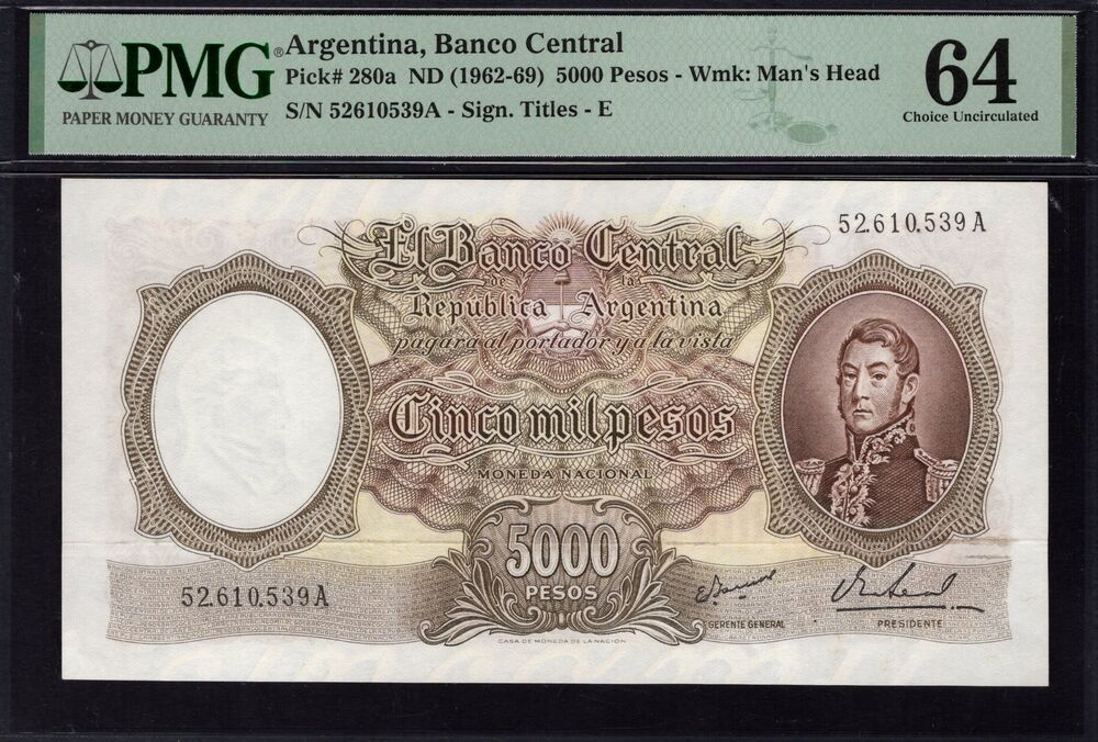 Argentina - 5000 Pesos 1962 - Pick # 280a - PMG 64